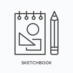 Sketchbook flat line icon. Vector outline illustration of paper textbook and pencil. Black thin linear pictogram for education equipment