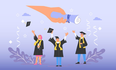 Happy graduate man gets graduation academic diploma