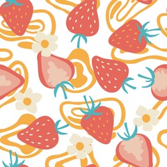 seamless pattern flat strawberries on asbractic spots. colorful illustration isolated on white background. design for fabric, packaging, background.