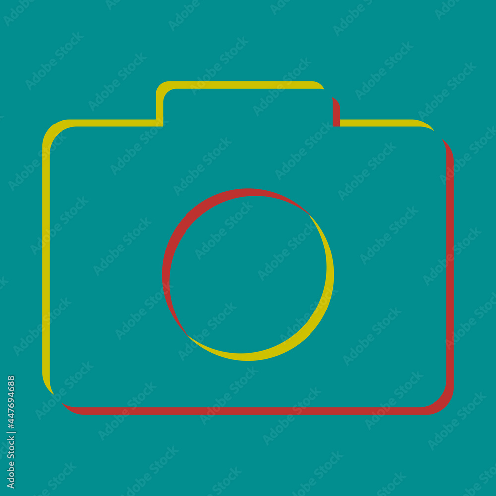 Poster digital camera sign. pseudo 3d embossed icon with citrine and persian red colors on dark cyan backgr