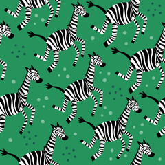 Fototapeta na wymiar Vector seamless pattern with running on the grass zebras in flat doodle style
