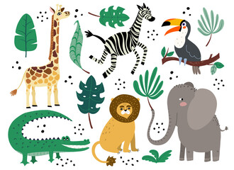 Cute African animal vector set in flat doodle style