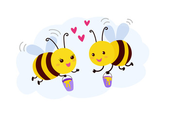 Cute bees in love isolated on white background. Valentine day greeting card. Cartoon art. Vector.