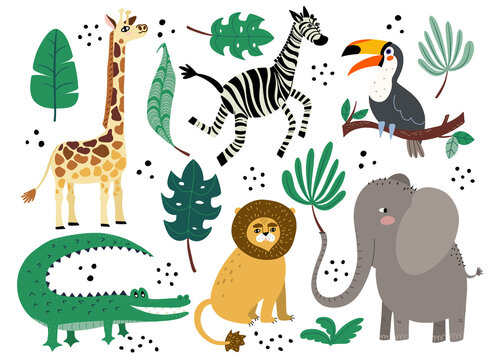 Cute African animal vector set in flat doodle style