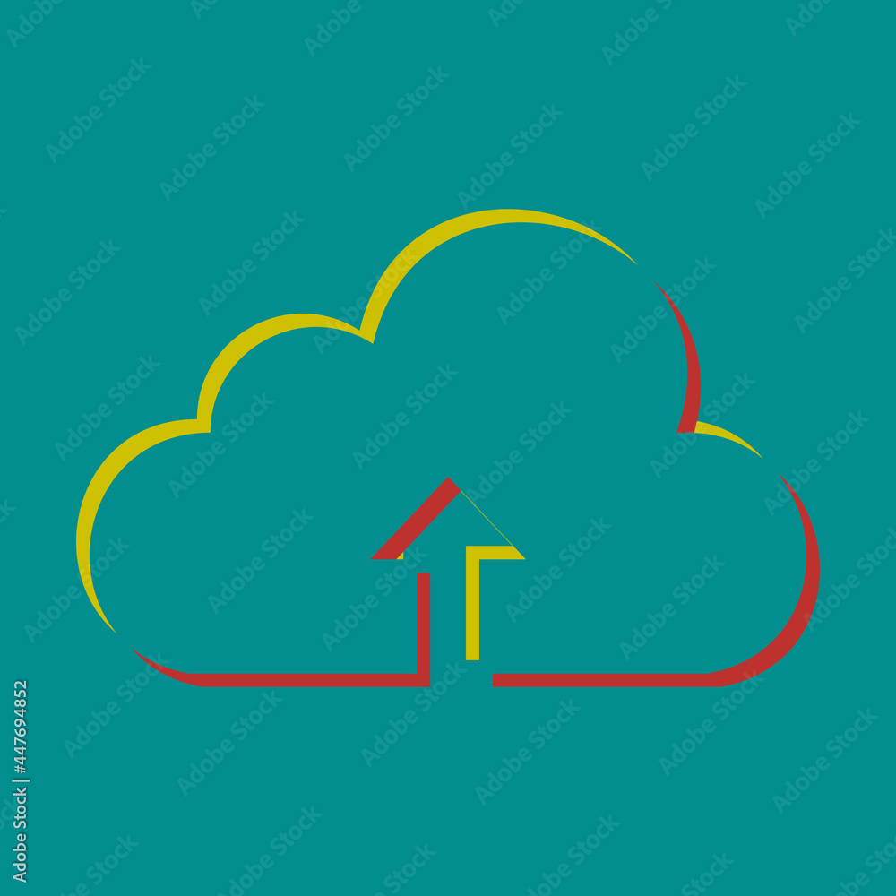 Poster cloud technology sign. pseudo 3d embossed icon with citrine and persian red colors on dark cyan back