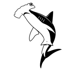 Great hammerhead shark swimming drawing, black vector shark hunting prey. - obrazy, fototapety, plakaty