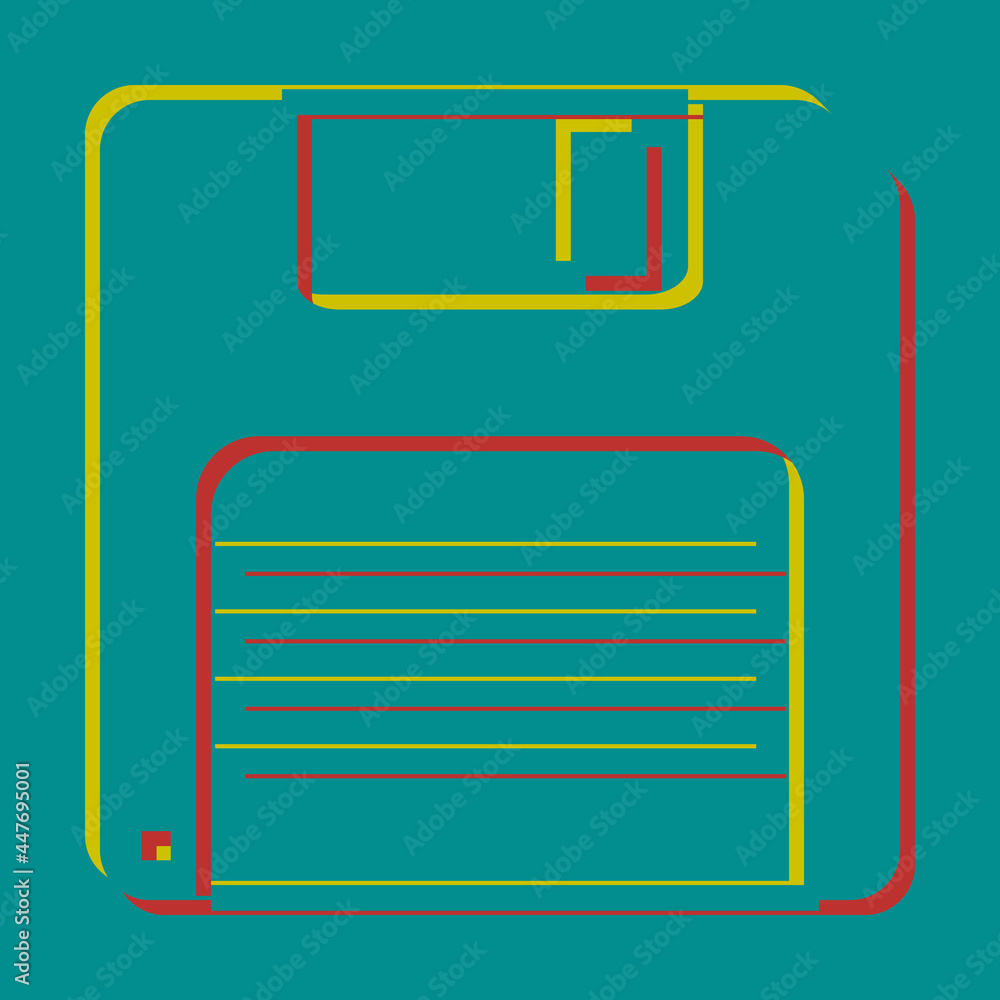 Poster floppy disk sign. pseudo 3d embossed icon with citrine and persian red colors on dark cyan backgroun