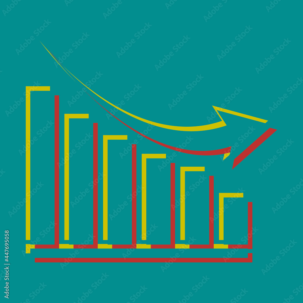 Aufkleber declining graph sign. pseudo 3d embossed icon with citrine and persian red colors on dark cyan backg