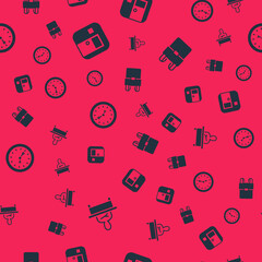 Set Schoolboy sitting at desk, classroom, Clock and backpack on seamless pattern. Vector