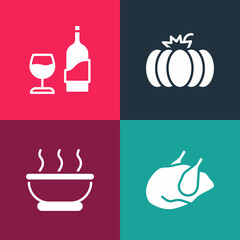 Set pop art Roasted turkey or chicken, Bowl of hot soup, Pumpkin and Wine bottle with glass icon. Vector