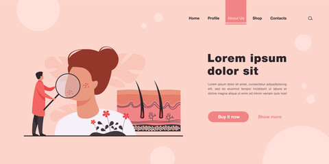 Tiny dermatologist examining dry face skin flat vector illustration. Abstract epidermis disease diagnostics or treatment. Dermatology, health medical protection and cosmetology concept