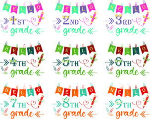 Set of compositions with hello school typography with funny pen isolated on a transparent background