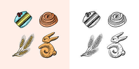 Bakery products. Pie or Kurnik and cookies, rabbit sweets and desserts. Engraved hand drawn in old sketch and vintage style for label and menu bakery shop. organic food. © artbalitskiy