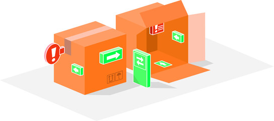 Small town of boxes. Urban packaging made with boxes and signs. Vector illustration of roads, highways and signs in the middle of the city of boxes.