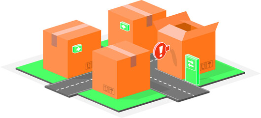 Small town of boxes. Urban packaging made with boxes and signs. Vector illustration of roads, highways and signs in the middle of the city of boxes.
