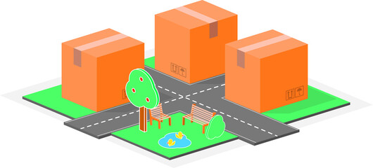 Small town of boxes. Urban packaging made with boxes and signs. Vector illustration of roads, highways and signs in the middle of the city of boxes.
