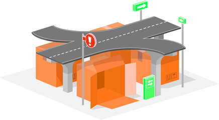 Small town of boxes. Urban packaging made with boxes and signs. Vector illustration of roads, highways and signs in the middle of the city of boxes.