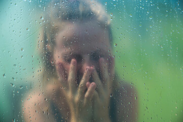 Fototapeta premium panic attacks young girl sad fear stressful depressed emotional.crying use hands cover face begging help.stop abusing domestic violence in women,person with health anxiety,people bad feeling down