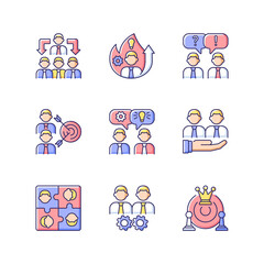 Team working RGB color icons set. Business cooperation. Collective communication. Coworkers interaction and cohesion. Isolated vector illustrations. Simple filled line drawings collection