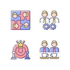 Office members interaction RGB color icons set. Approach goal together. Employees meetings and team building. Business activity. Isolated vector illustrations. Simple filled line drawings collection