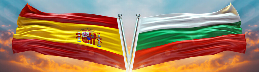 Spain Flag and Bulgaria flag waving with texture sky Cloud and sunset Double flag