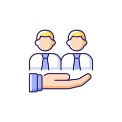 Support RGB color icon. Provide technical and customer support service. Collective help and compassion. Colleague empathy. Adaptation in team. Isolated vector illustration. Simple filled line drawing