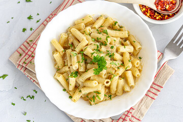 Creamy Macaroni in a Bowl Directly Above Horizontal Close Up Photo