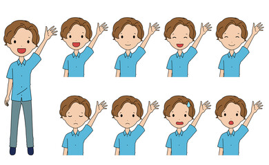 手を挙げている笑ったり悩んだりする男の子の上半身イラストセット