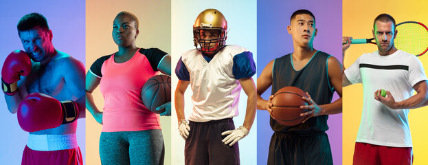 Sport collage. Boxer, tennis, american football, basketball players posing isolated on multicolored neon background. Concept of sport, health, ad