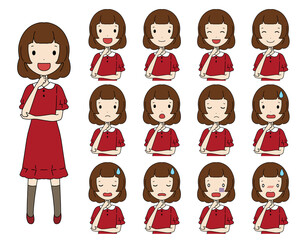 考えるポーズの笑ったり悩んだりする女の子の上半身イラストセット