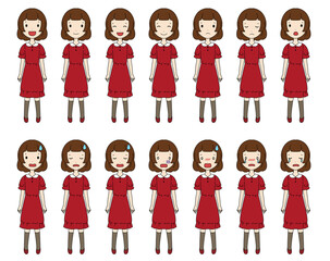 笑ったり落ち込んだりする色んな表情の女の子の全身イラストセット