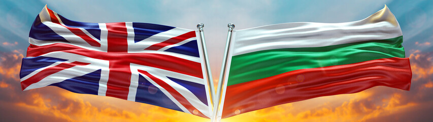 United Kingdom Flag and Bulgaria flag waving with texture sky Cloud and sunset Double flag