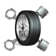 Vector 3D, wheel with pistons isolated on white background.