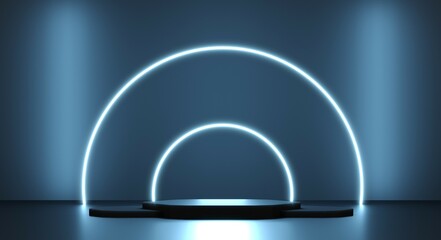 Podium on dark background. Blue violet Led Neon light. 3d render illustration. Empty Base, round pedestal, stand with blank space.Technological abstract background for advertising smartphone, tablet. 