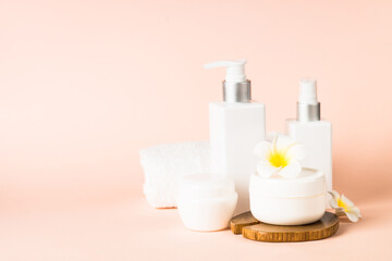 Fototapeta na wymiar Natural cosmetic product. Scincare product - gel, tonic, cream at pastel background. Healthcare, spa.