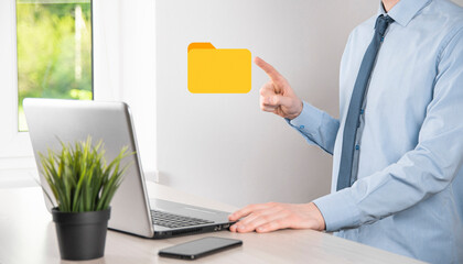 Businessman hold folder icon.Document Management System or DMS setup by IT consultant with modern...