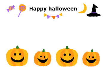ハロウィーン_かぼちゃ4つと帽子キャンディ_ハガキサイズ_横