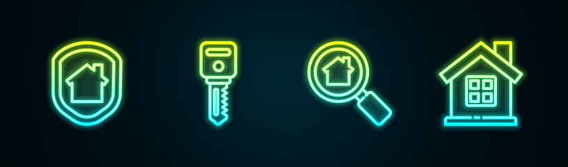 Set line House under protection, key, Search house and . Glowing neon icon. Vector