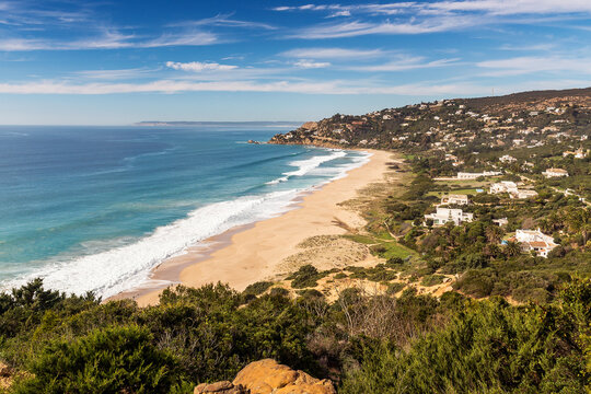 Aerial view of Los Alemanes beach from Zahara de Los Atunes, Cadiz, Andalusia, Spain