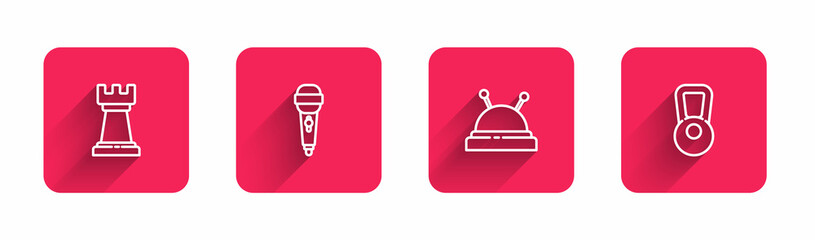 Fototapeta premium Set line Business strategy, Microphone, Needle bed and needles and Kettlebell with long shadow. Red square button. Vector