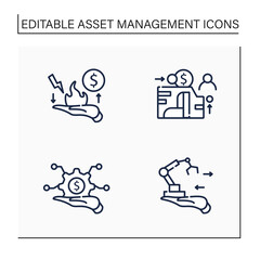 Asset management line icons set. Financial resources. Risk management, infrastructure, fixed, enterprise.Business concept. Isolated vector illustration.Editable stroke