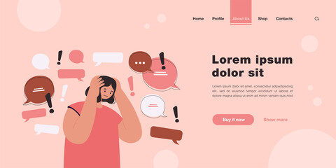 Too much information or spam concept. Sad social media internet user holding head, trying to stop hoax fake news, disinformation noise. Flat vector illustration