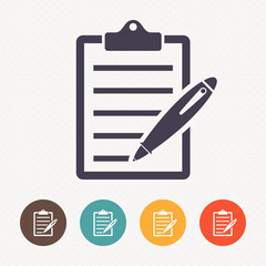 Clipboard and pen icon on dot pattern background 