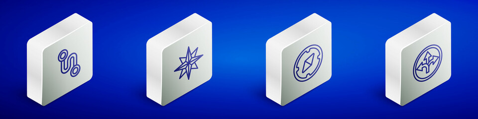 Set Isometric line Route location, Wind rose, Compass and Road traffic sign icon. Vector