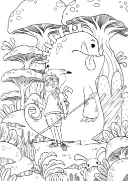 coloring page of a kid and friend, coloring book illustration