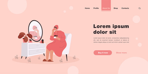Young woman sitting in front of mirror and washing, cleansing or moisturizing her face skin in morning. Cartoon colorful vector illustration for daily personal care, hygiene, routine skincare concept