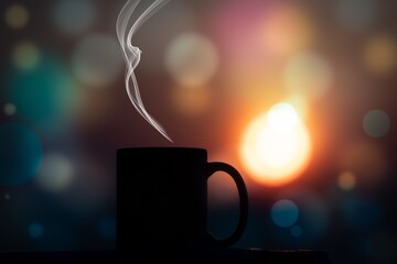 Cup with hot drink on bokeh background