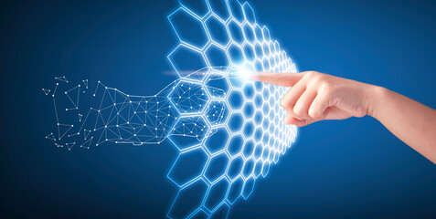 Hand touching modern interface digital transformation concept. Connection next generation technology and new era of innovation.
