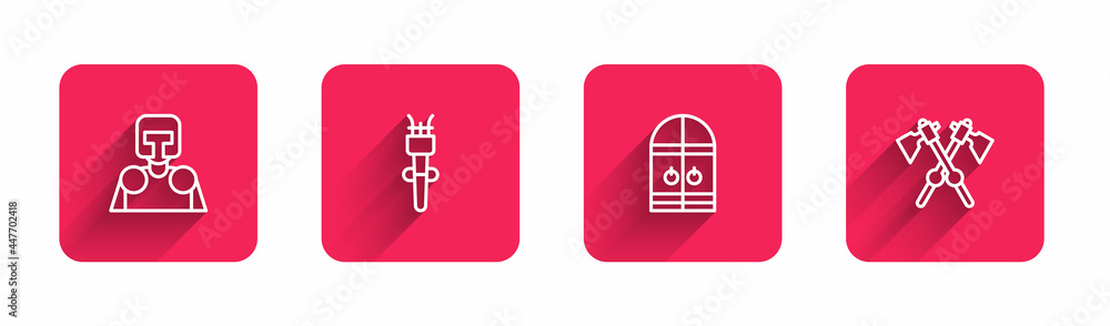 Poster set line medieval knight, torch flame, castle gate and crossed medieval axes with long shadow. red s