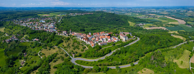 Aerial view of the old town of waldenburg in Germany. On a sunny day in spring.